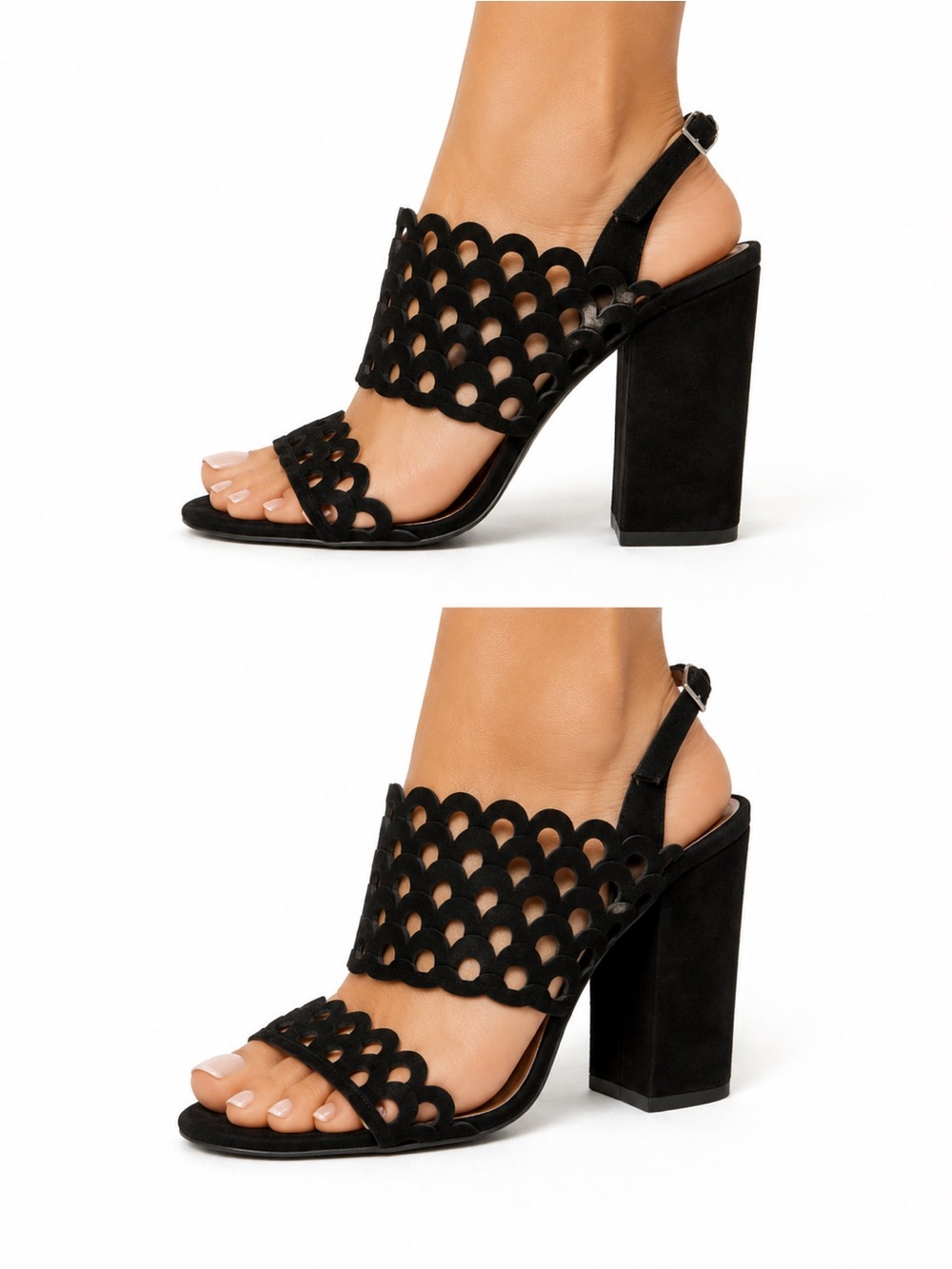 Tabitha Simmons Black Scalloped Suede Block Heel Sandal